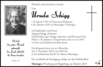 Traueranzeige von Ursula Schigg von Südthüringer Presse