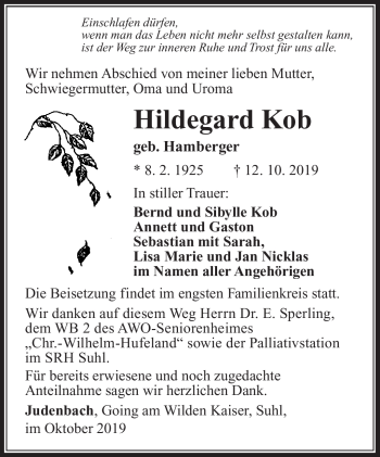 Traueranzeige von Hildegard Kob von Südthüringer Presse