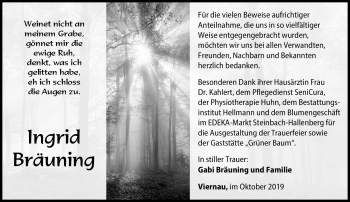 Traueranzeige von Ingrid Bräuning von Südthüringer Presse