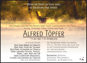 Traueranzeige von Alfred Töpfer von Südthüringer Presse