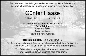 Traueranzeige von Günter Haase von Neue Presse Coburg