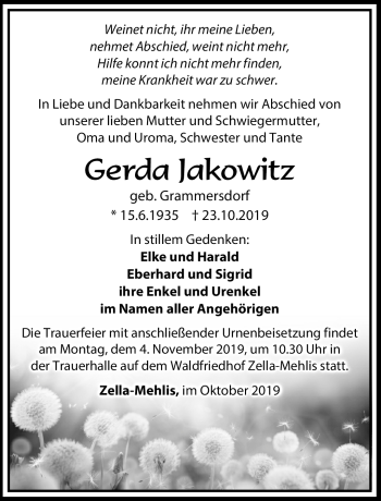 Traueranzeige von Gerda Jakowitz von Südthüringer Presse