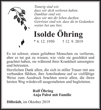 Traueranzeige von Isolde Öhring von Südthüringer Presse