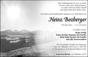 Traueranzeige von Heinz Boxberger von Südthüringer Presse