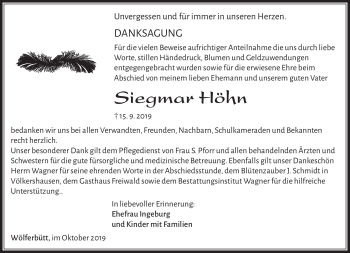 Traueranzeige von Siegmar Höhn von Südthüringer Presse