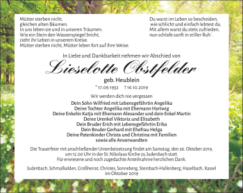 Traueranzeige von Lieselotte Obstfelder von Südthüringer Presse