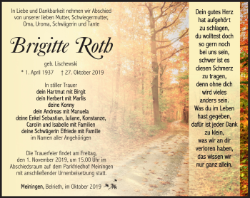 Traueranzeige von Brigitte Roth von Südthüringer Presse