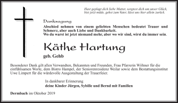 Traueranzeige von Käthe Hartung von Südthüringer Presse