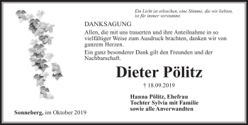 Traueranzeige von Dieter Pölitz von Südthüringer Presse