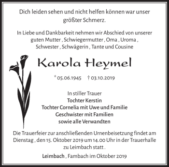 Traueranzeige von Karola Heymel von Südthüringer Presse