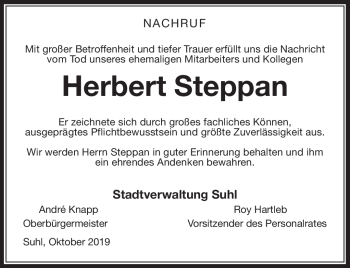 Traueranzeige von Herbert Steppan von Südthüringer Presse