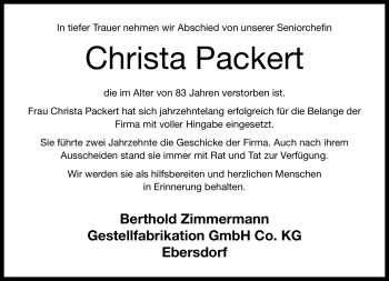 Traueranzeige von Christa Packert von Neue Presse Coburg