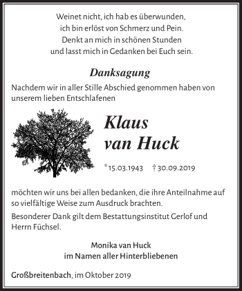 Traueranzeige von Klaus van Huck von Südthüringer Presse