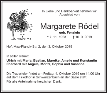 Traueranzeige von Margarete Rödel von Frankenpost
