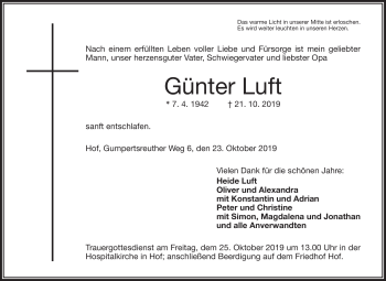 Traueranzeige von Günter Luft von Frankenpost