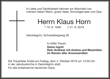 Traueranzeige von Klaus Horn von Frankenpost