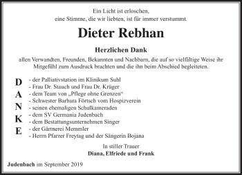 Traueranzeige von Dieter Rebhan von Südthüringer Presse