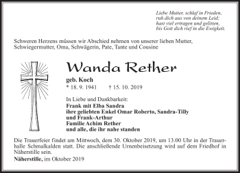 Traueranzeige von Wanda Rether von Südthüringer Presse