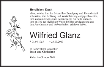 Traueranzeige von Wilfried Glanz von Südthüringer Presse