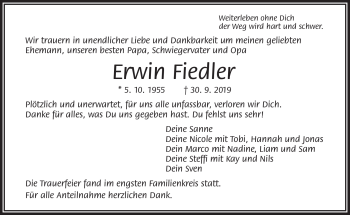 Traueranzeige von Erwin Fiedler von Frankenpost