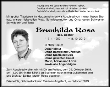 Traueranzeige von Brunhilde Rose von Südthüringer Presse