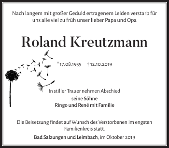 Traueranzeige von Roldand Kreutzmann von Südthüringer Presse