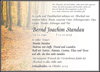 Traueranzeige von Bernd Standau von Südthüringer Presse