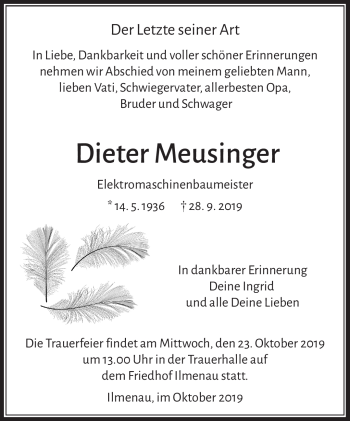 Traueranzeige von Dieter Meusinger von Südthüringer Presse
