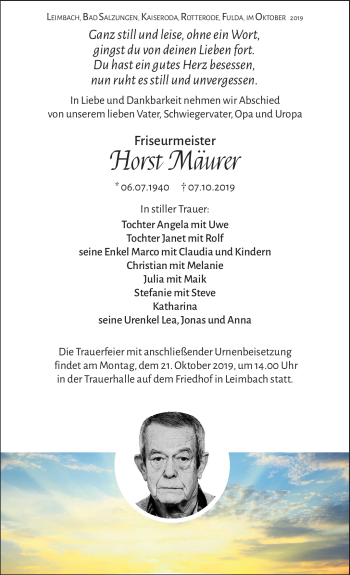 Traueranzeige von Horst Mäurer von Südthüringer Presse