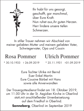 Traueranzeige von RosaUlrich PommerPommer von Südthüringer Presse