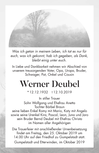 Traueranzeige von Werner Deubel von Südthüringer Presse