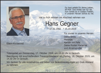 Traueranzeige von Hans Gegner von Neue Presse Coburg