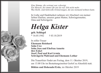 Traueranzeige von Helga Kister von Südthüringer Presse