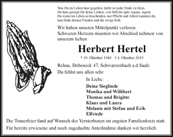 Traueranzeige von Herbert Hertel von Frankenpost
