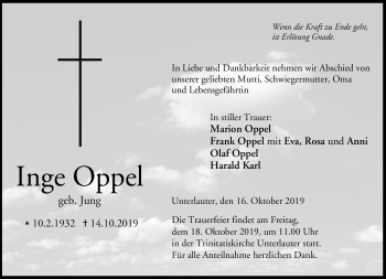 Traueranzeige von Inge Oppel von Neue Presse Coburg