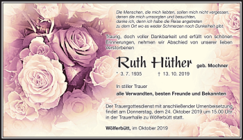 Traueranzeige von Ruth Hüther von Südthüringer Presse