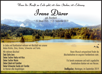 Traueranzeige von Irene Dürer von Südthüringer Presse