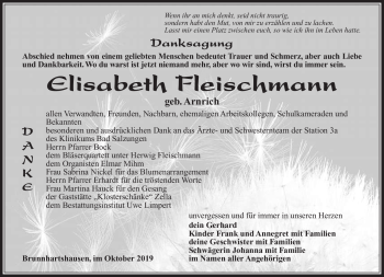 Traueranzeige von Elisabeth Fleischmann von Südthüringer Presse