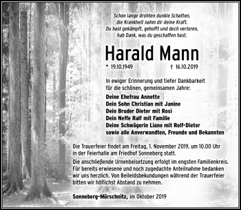 Traueranzeige von Harald Mann von Südthüringer Presse