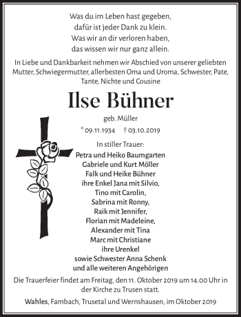 Traueranzeige von Ilse Bühner von Südthüringer Presse