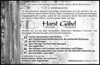 Traueranzeige von Horst Göbel von Südthüringer Presse