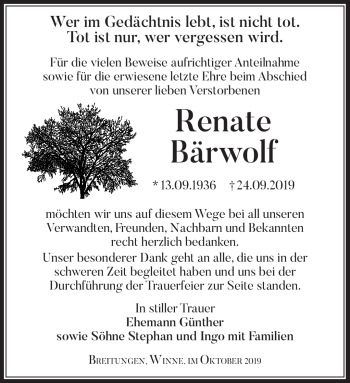 Traueranzeige von Renate Bärwolf von Südthüringer Presse