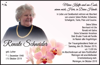 Traueranzeige von Renate Schneider von Südthüringer Presse