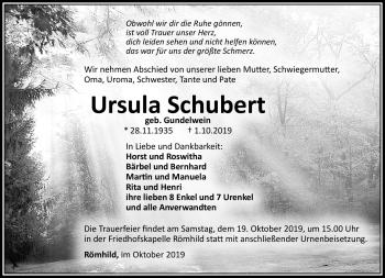 Traueranzeige von Ursula Schubert von Südthüringer Presse