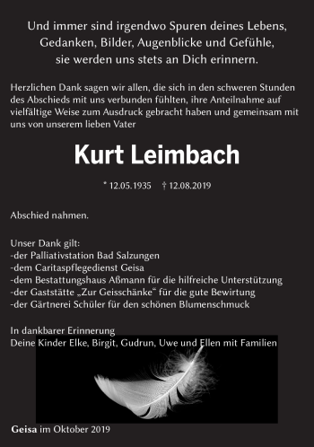 Traueranzeige von Kurt Leimbach von Südthüringer Presse