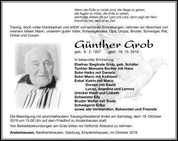 Traueranzeige von Günther Grob von Südthüringer Presse