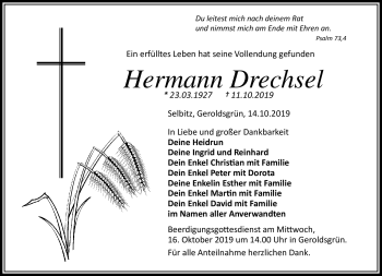 Traueranzeige von Hermann Drechsel von Frankenpost