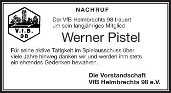 Traueranzeige von Werner Pistel von Frankenpost