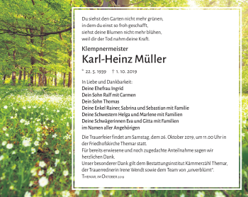 Traueranzeige von Karl-Heinz Müller von Südthüringer Presse