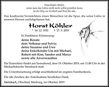 Traueranzeige von Horst Köhler von Südthüringer Presse